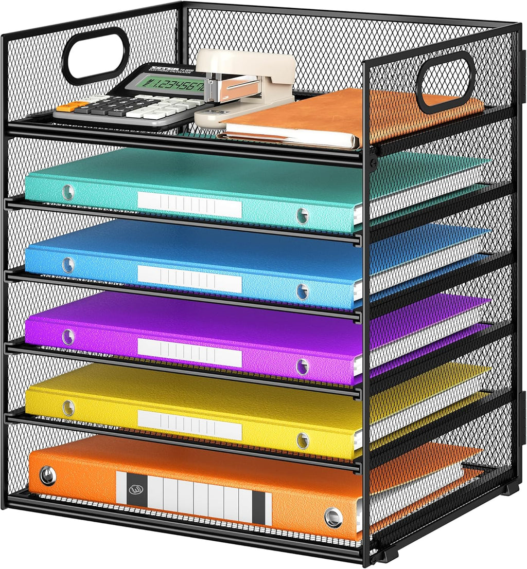 5 Tray Desk File Organizer, Black Mesh Paper Sorter Letter Tray Organizer with Handle, Desktop File Organizer and Storage for Letter/A4 Office File Folder - view 7