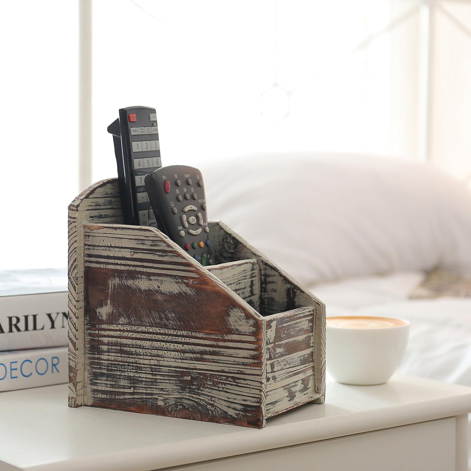 Rustic Torched Wood Remote Control Holder for Table with 3 Compartments, Living Room TV Media Organizer - view 6