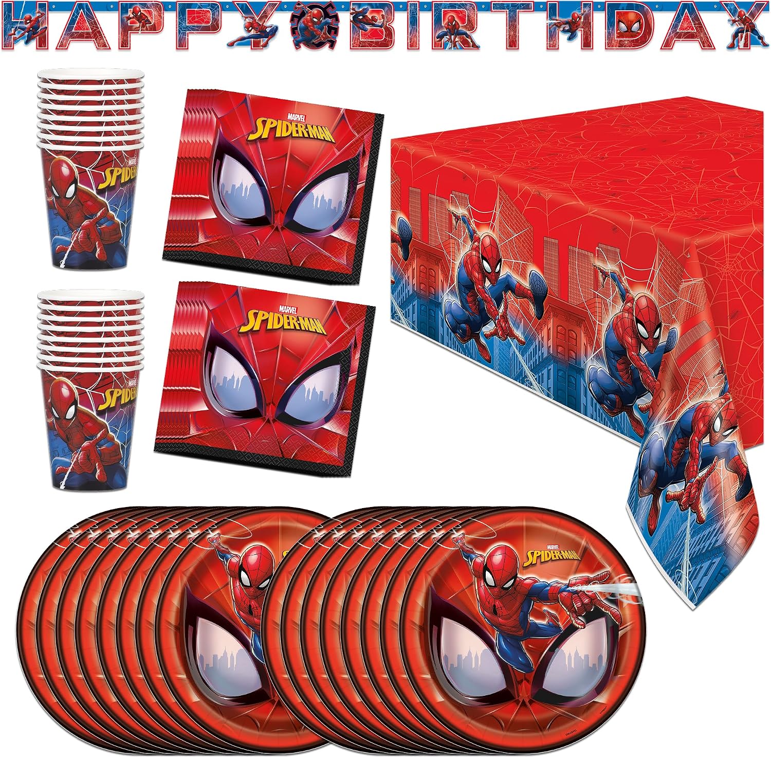 Spider-Man Party Supplies | Deluxe Tableware Party Kit | Serves 16 | Officially Licensed | Plates, Napkins, Cups, Table Cover, and Banner | Birthday Decor For Kids, Quick Setup