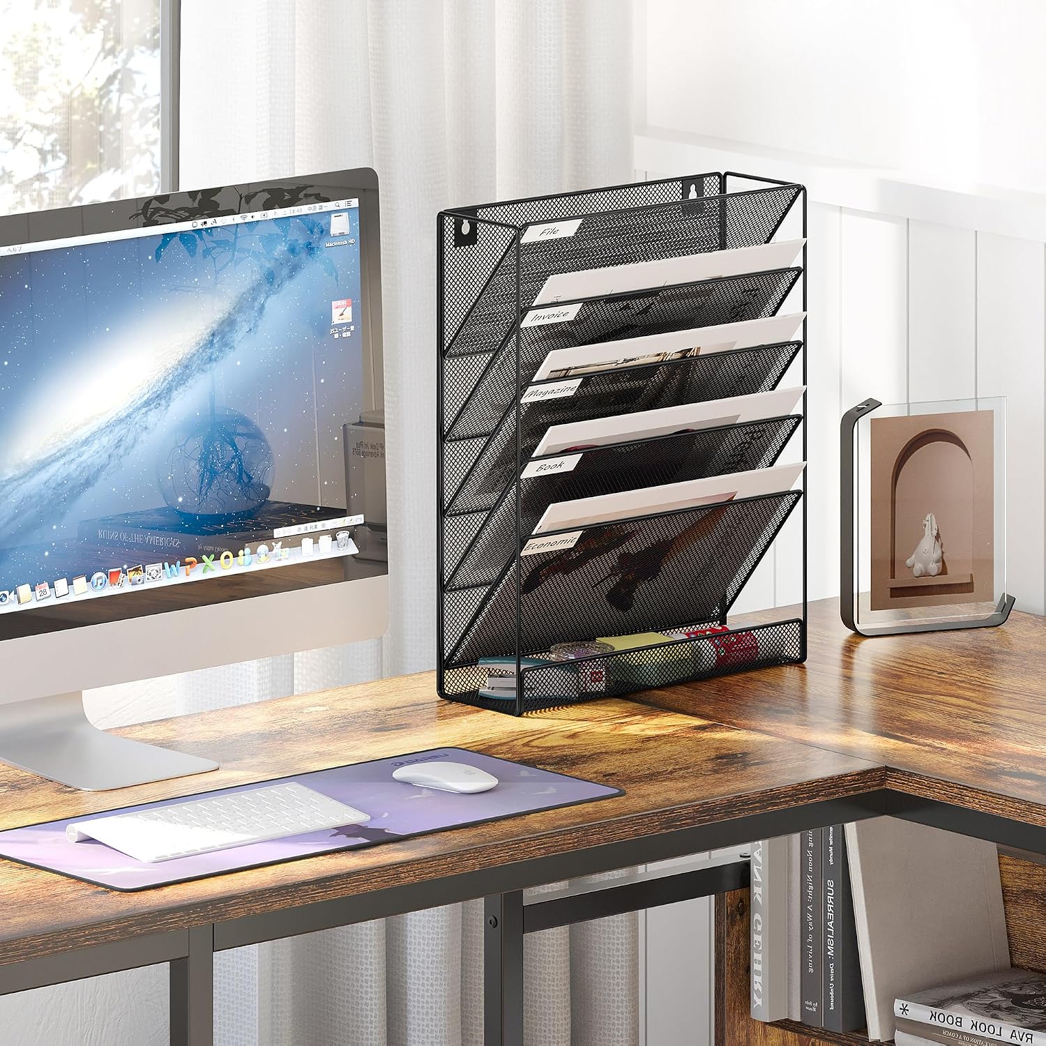 5 Tier Wall File Holder, Mesh Hanging Folder Organizer with Classify Label, Versatile Desk File Holder, Vertical Wall Mounted Mail Organizer for Office Home Cubicle, Black - view 3