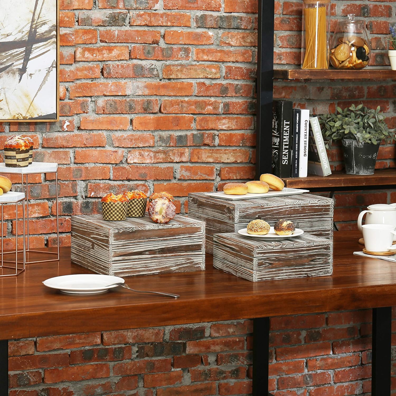 3 Piece Rustic Solid Torched Wood Dessert Cake and Cupcake Stand, Decorative Box Display Risers - view 7
