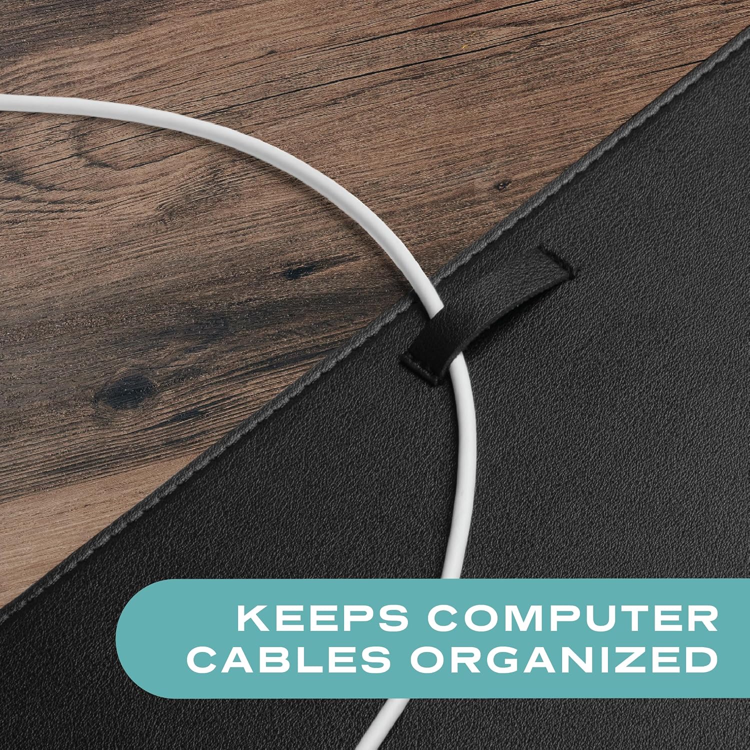Leather Desk Mat Cable Organizer 23.6" x 17" Premium Black Vegan | Leather Desk Protector Blotter Mouse Pad with Felt Non Slip Bottom for Home Office - view 3