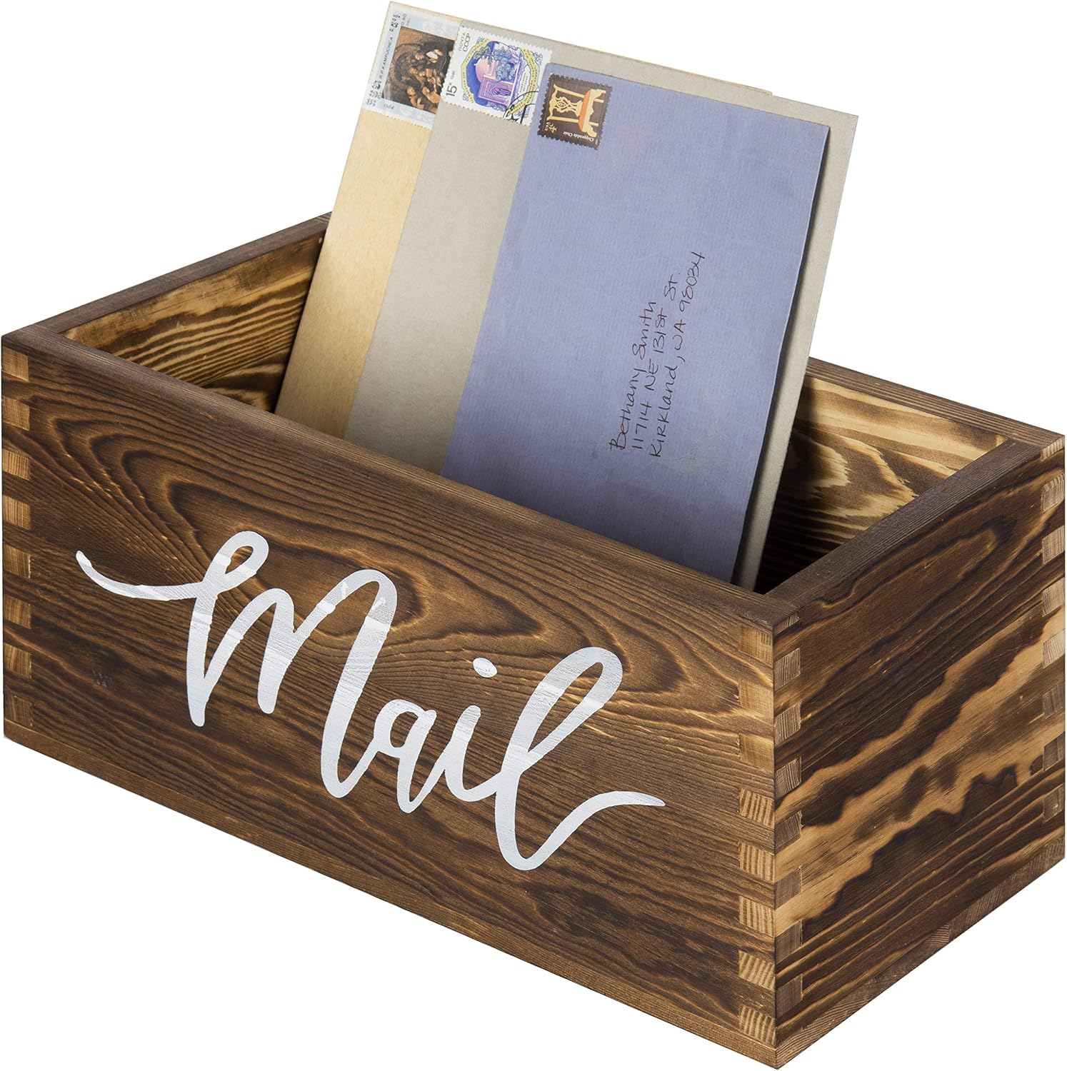 Whitewashed Wood Mail Holder Organizer Box With MAIL Design | MAIL Script Detail, Keeps Correspondence Organized, Desktop Accent, Easy Access, Compact Design, Home Office Essential - view 8