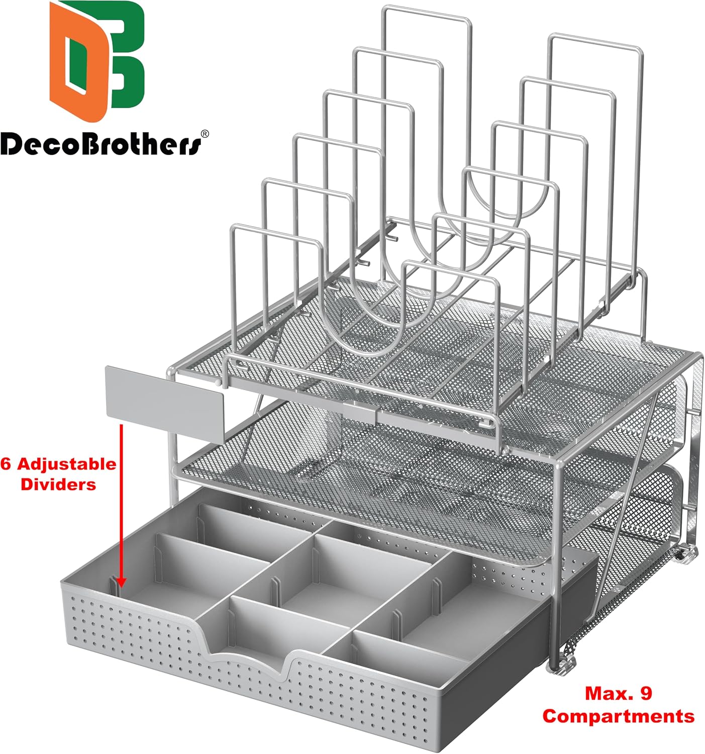 Desktop File Organizer with Double Tray & 5 Folder Stand Gray | Sliding Drawer with Adjustable Dividers - view 2