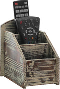 Rustic Torched Wood Remote Control Holder for Table with 3 Compartments, Living Room TV Media Organizer