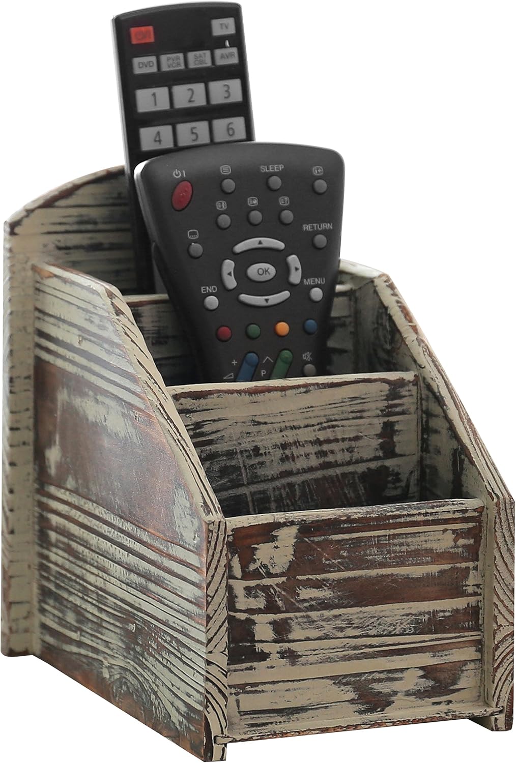 Rustic Torched Wood Remote Control Holder for Table with 3 Compartments, Living Room TV Media Organizer