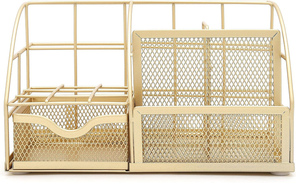 Desk Organizer Metal Mesh 7 Compartments Office Tidy Caddy Gold | Compact Gold Metal Mesh Design with Drawer and Multi Size Sections for Pens Notes Papers and Home Office Items - view 8