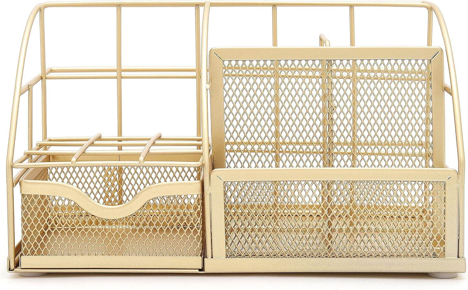 Desk Organizer Metal Mesh 7 Compartments Office Tidy Caddy Gold | Compact Gold Metal Mesh Design with Drawer and Multi Size Sections for Pens Notes Papers and Home Office Items - view 8