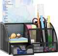 Mesh Desk Organizer with Drawer Multi-functional Pen Holder Stationery Organizer for Office School Supplies 6 Compartments Dorm Organizers and Storage for Desk, Black
