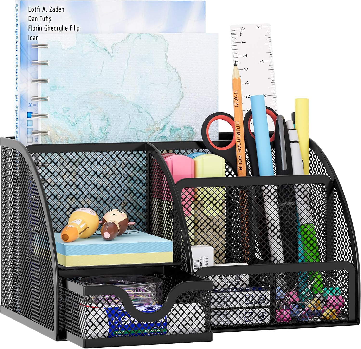Mesh Desk Organizer with Drawer Multi-functional Pen Holder Stationery Organizer for Office School Supplies 6 Compartments Dorm Organizers and Storage for Desk, Black