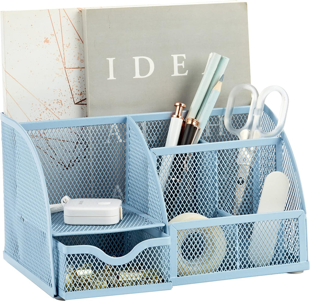 Mesh Desk Organizer Office with 7 Compartments + Drawer/Desk Tidy Candy/Pen Holder/Multifunctional Organizer (New Blue23)