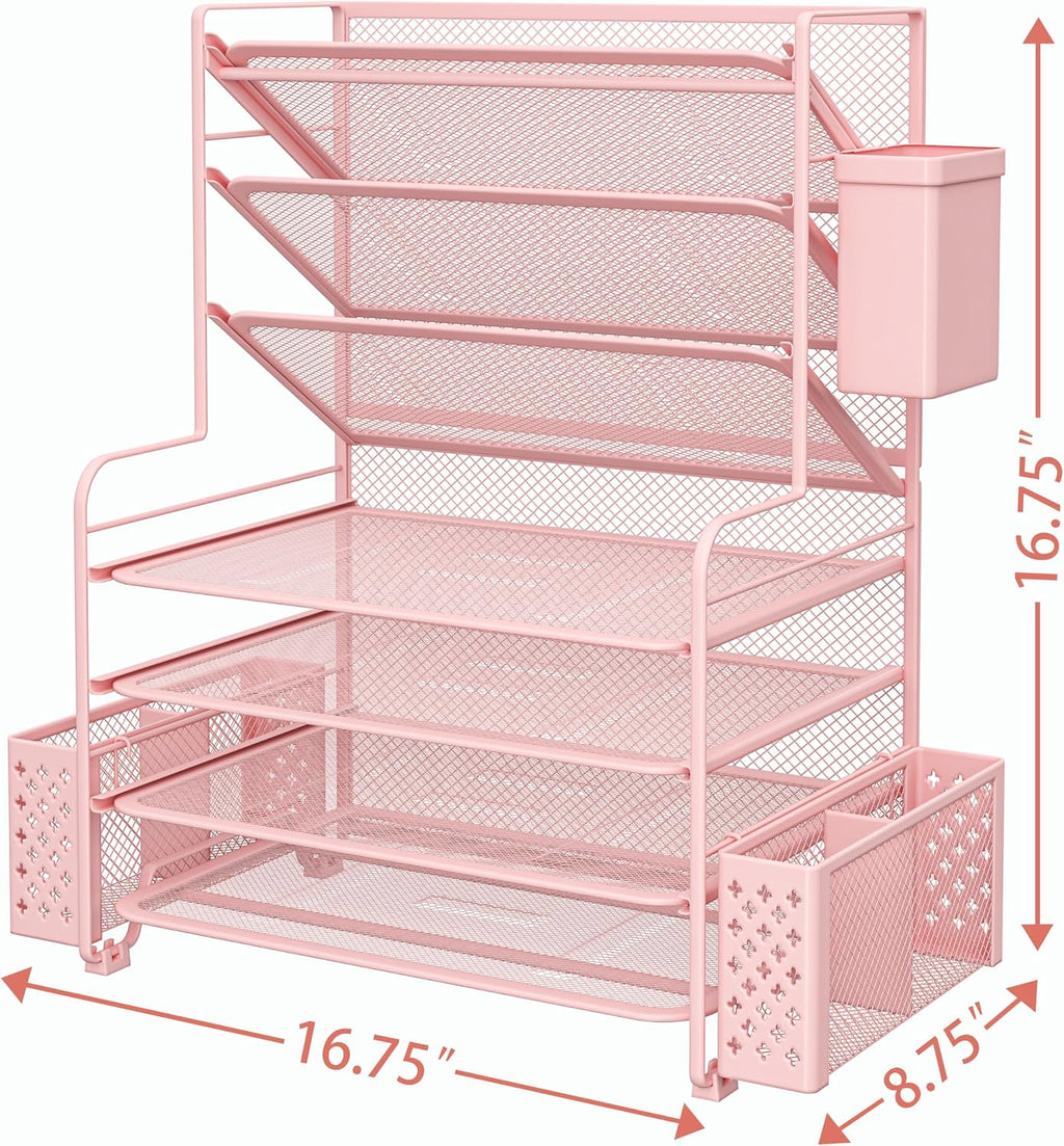 7 Tier Desk File Organizer, Letter Tray Paper Organizer with Pen Holder and Metal Hanging Basket, Pink - view 3