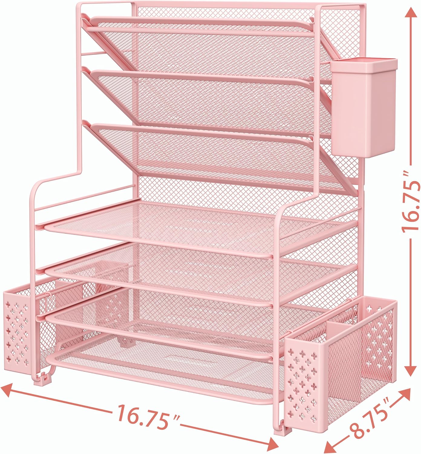 7 Tier Desk File Organizer, Letter Tray Paper Organizer with Pen Holder and Metal Hanging Basket, Pink - view 3