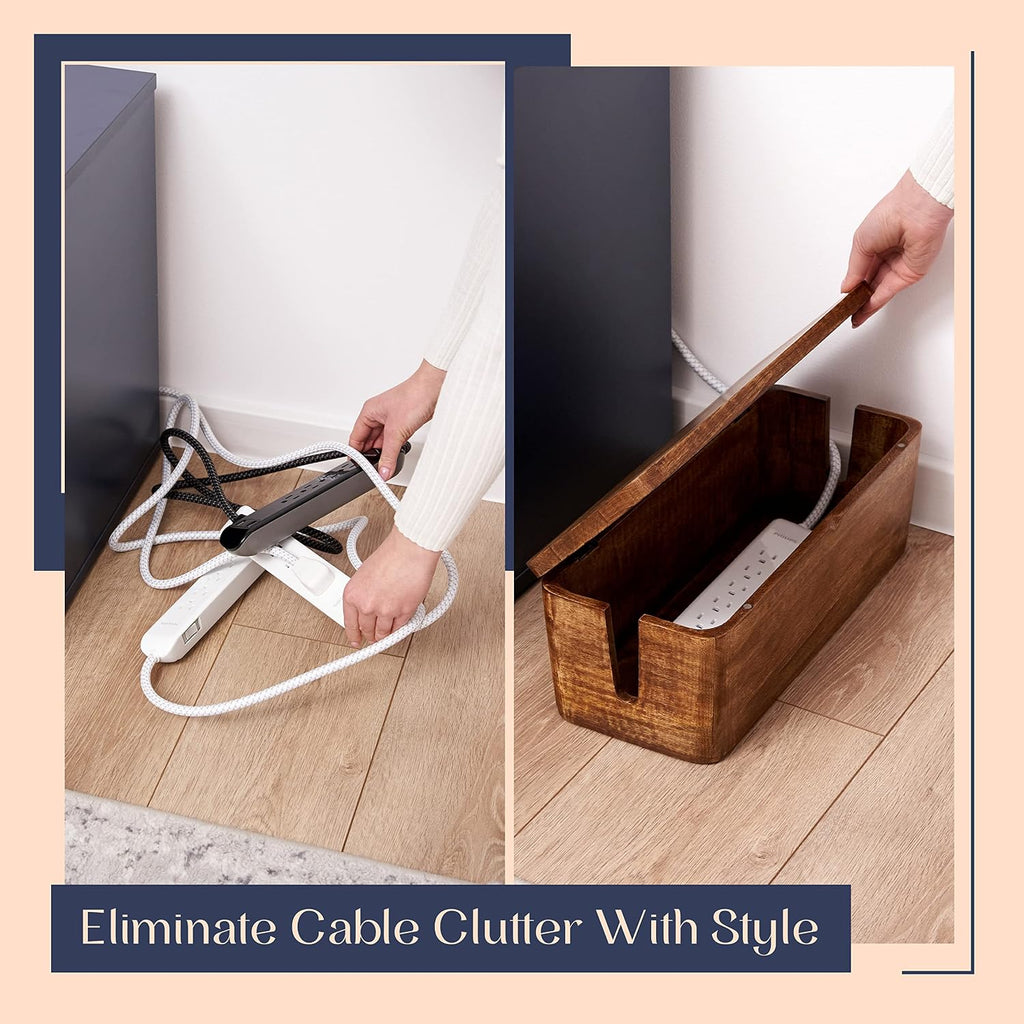 Cable management box - rustic design (natural, large) | mango wood, cable organizer, rustic style, modern design, desktop storage - view 3