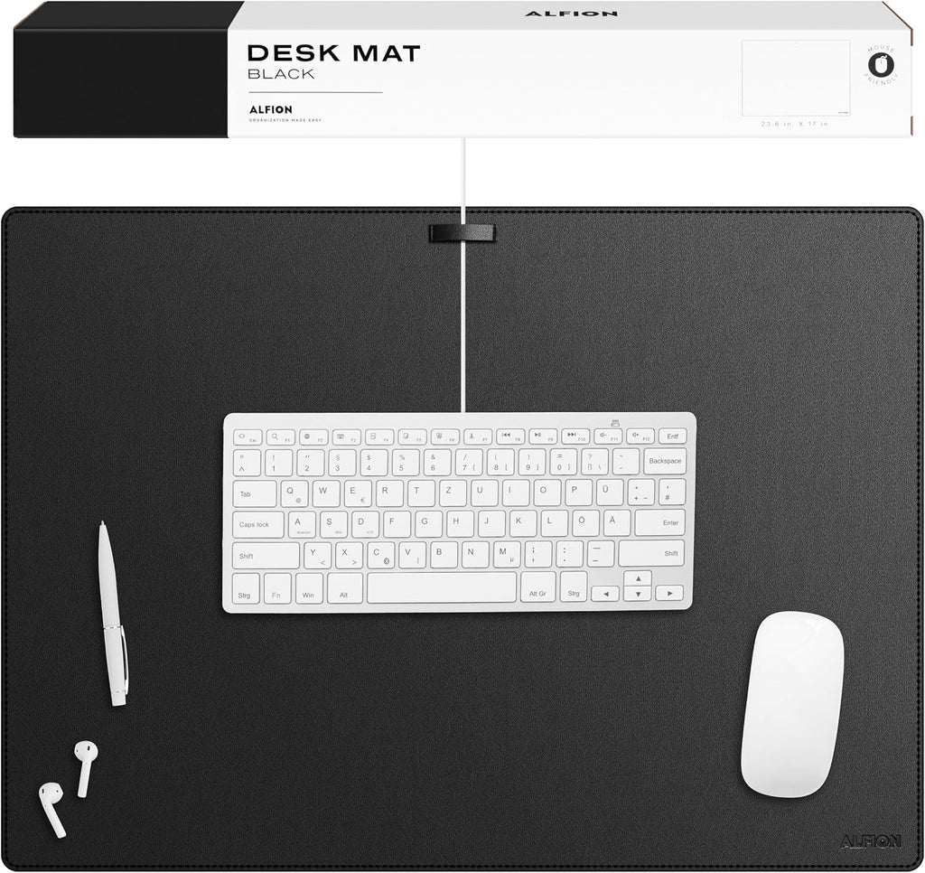 Leather Desk Mat Cable Organizer 23.6" x 17" Premium Black Vegan | Leather Desk Protector Blotter Mouse Pad with Felt Non Slip Bottom for Home Office