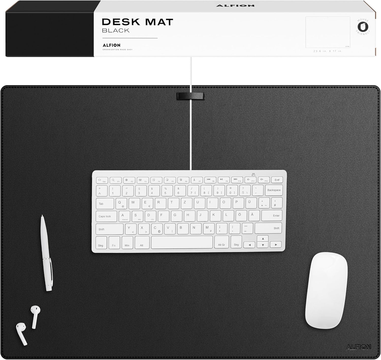Leather Desk Mat Cable Organizer 23.6" x 17" Premium Black Vegan | Leather Desk Protector Blotter Mouse Pad with Felt Non Slip Bottom for Home Office