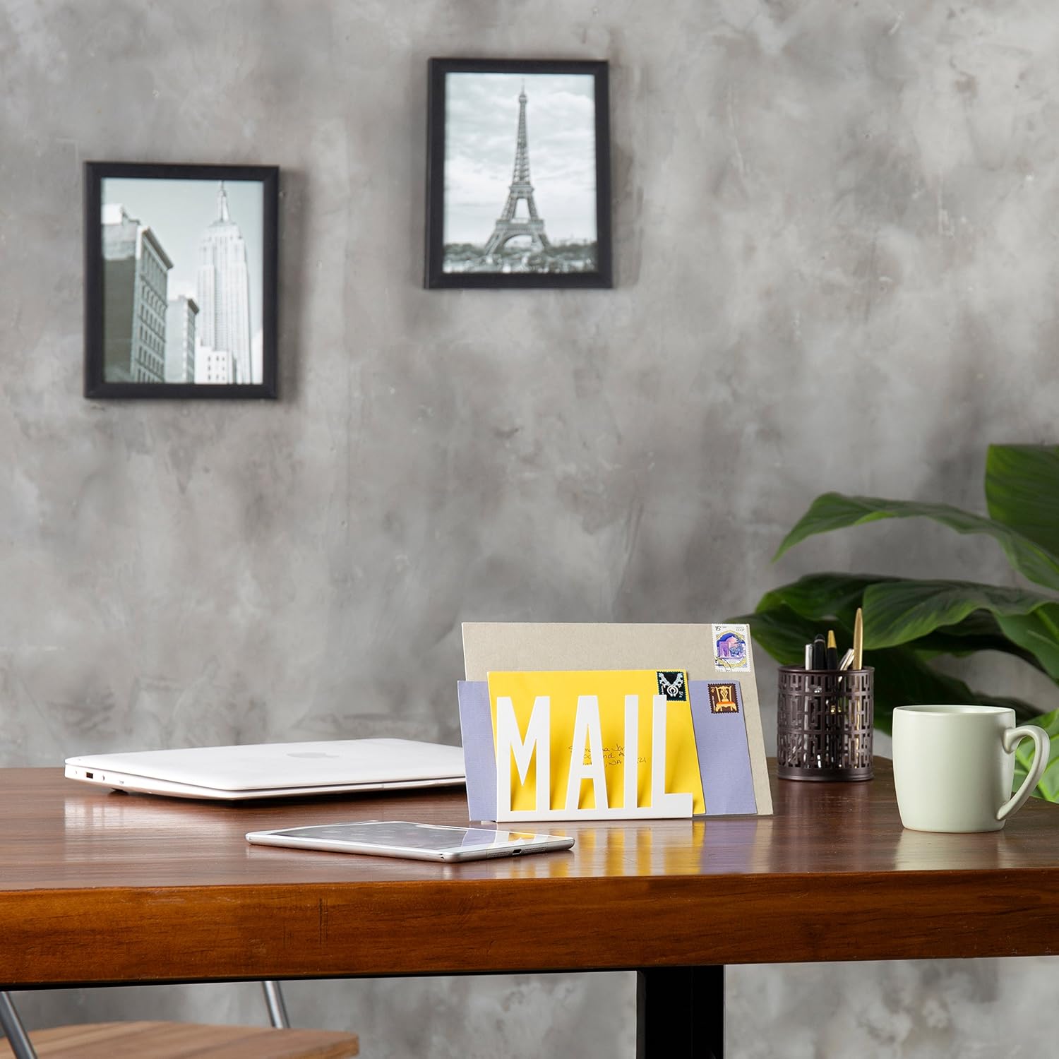 Mail Holder Organizer Countertop Modern Metal White with Cutout MAIL Lettering Design, Office Desktop Envelope and Document Storage Rack - view 7