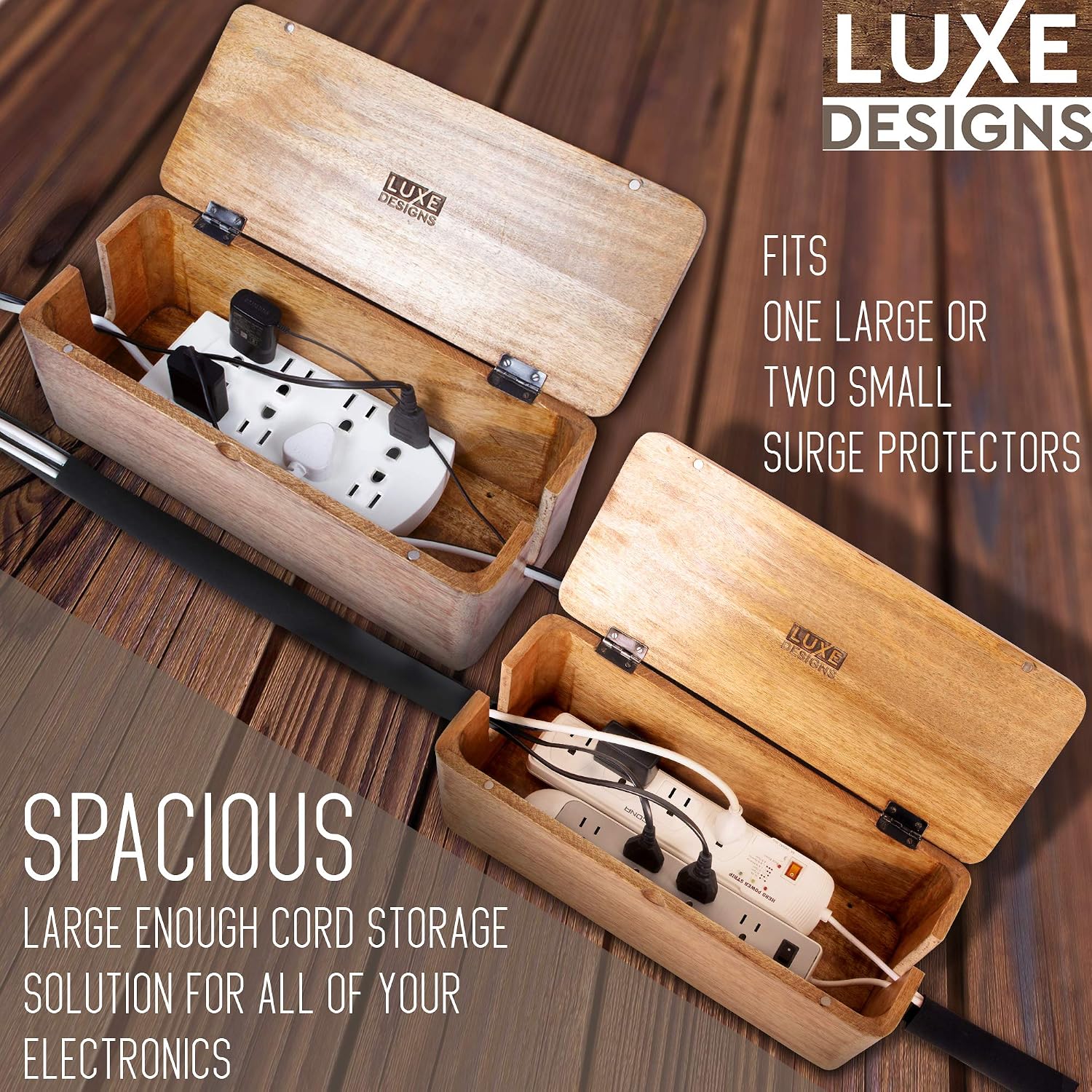 Cable management box - rustic design (natural, large) | mango wood, cable organizer, rustic style, modern design, desktop storage - view 8