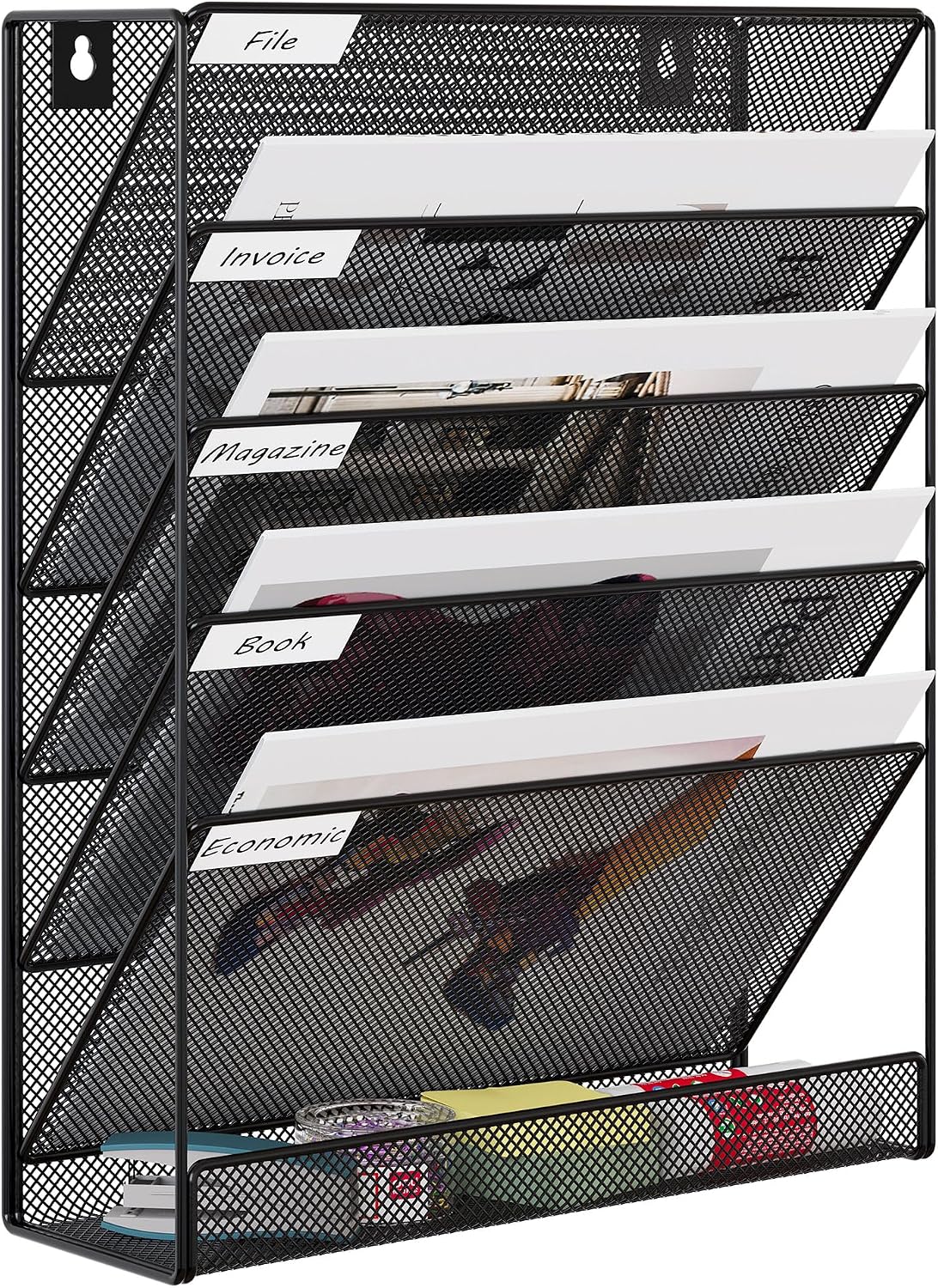 5 Tier Wall File Holder, Mesh Hanging Folder Organizer with Classify Label, Versatile Desk File Holder, Vertical Wall Mounted Mail Organizer for Office Home Cubicle, Black
