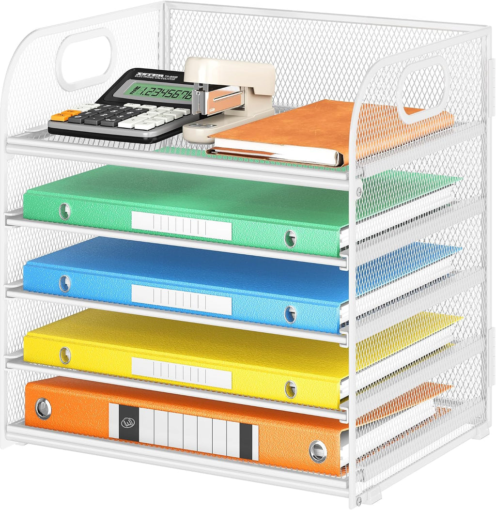 5 Tray Desk File Organizer, Black Mesh Paper Sorter Letter Tray Organizer with Handle, Desktop File Organizer and Storage for Letter/A4 Office File Folder - view 3