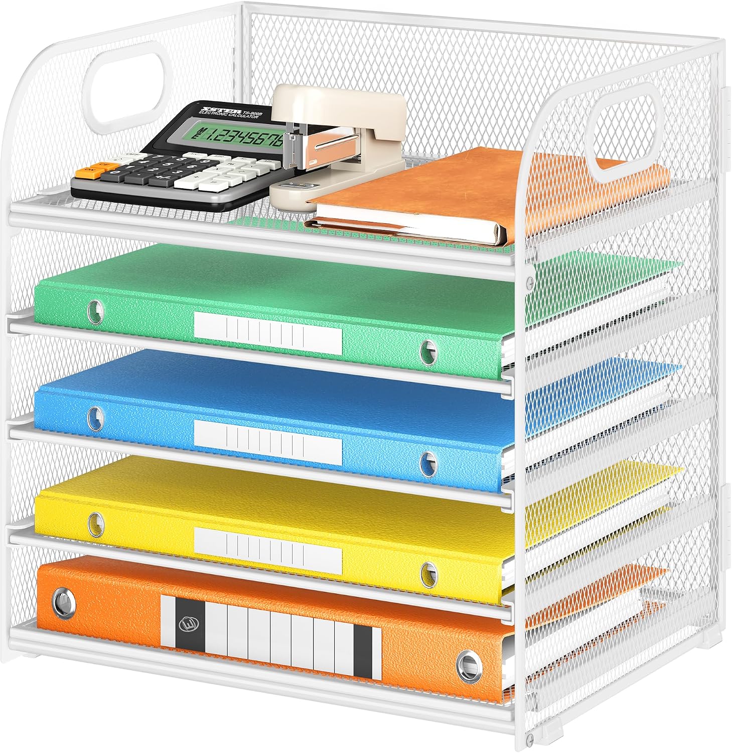 5 Tray Desk File Organizer, Black Mesh Paper Sorter Letter Tray Organizer with Handle, Desktop File Organizer and Storage for Letter/A4 Office File Folder - view 3