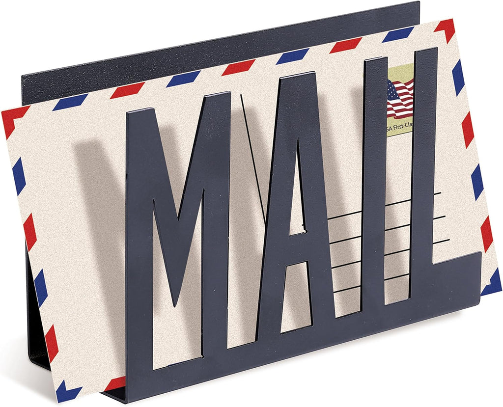 Modern Black Mail Holder Organizer with Cutout MAIL Lettering Design | Office Desktop Countertop Envelope and Document Storage Rack Entryway Office Home Storage Decorative Display