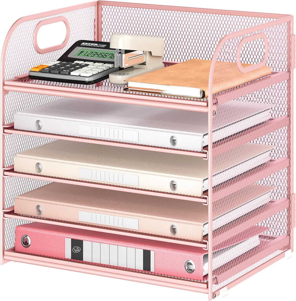 5 Tray Desk File Organizer, Black Mesh Paper Sorter Letter Tray Organizer with Handle, Desktop File Organizer and Storage for Letter/A4 Office File Folder - view 4