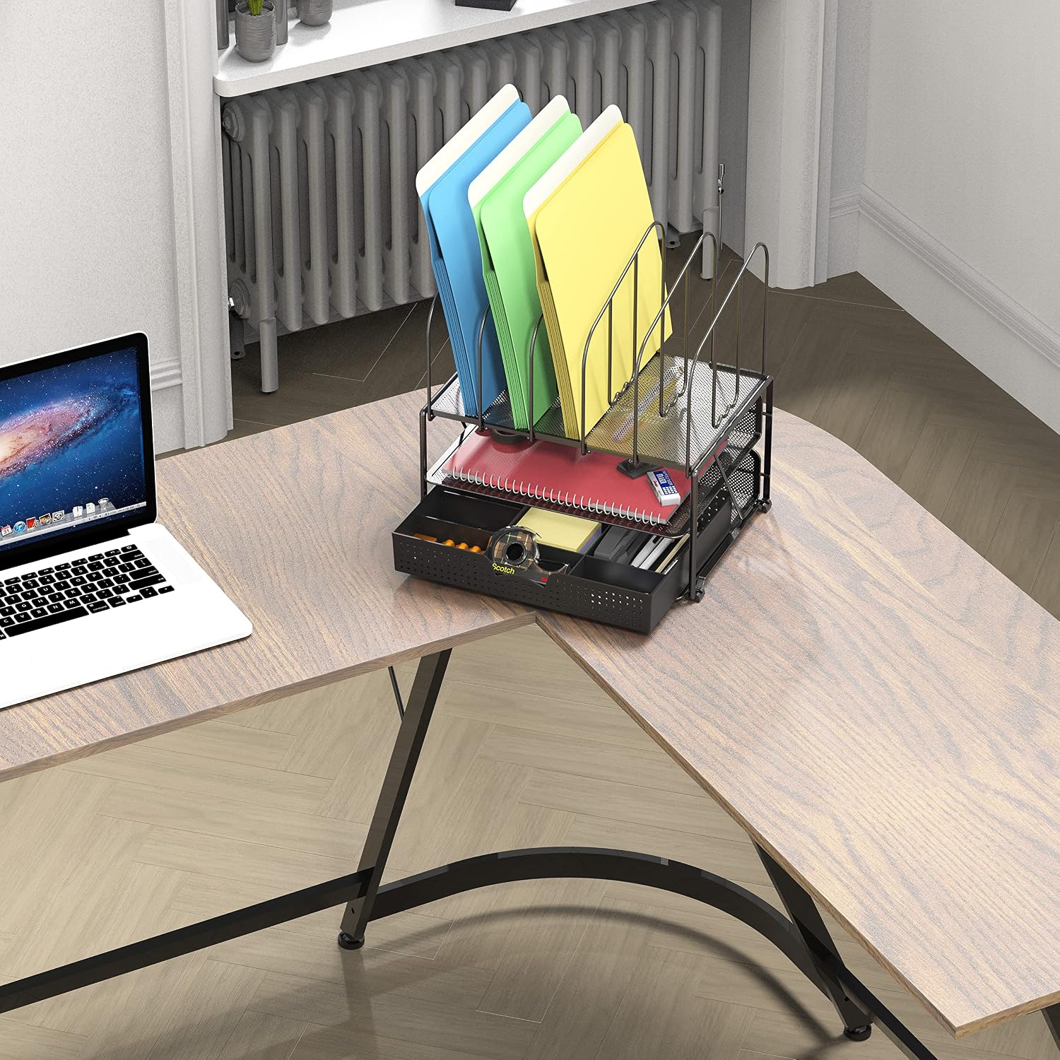 Mesh Desk Organizer with Double Tray, 5 Upright Sections and Sliding Drawer, Black | Sliding Drawer with Adjustable Dividers, Black - view 3
