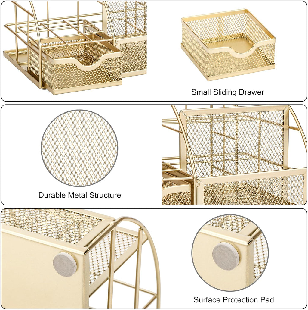 Desk Organizer Metal Mesh 7 Compartments Office Tidy Caddy Gold | Compact Gold Metal Mesh Design with Drawer and Multi Size Sections for Pens Notes Papers and Home Office Items - view 4
