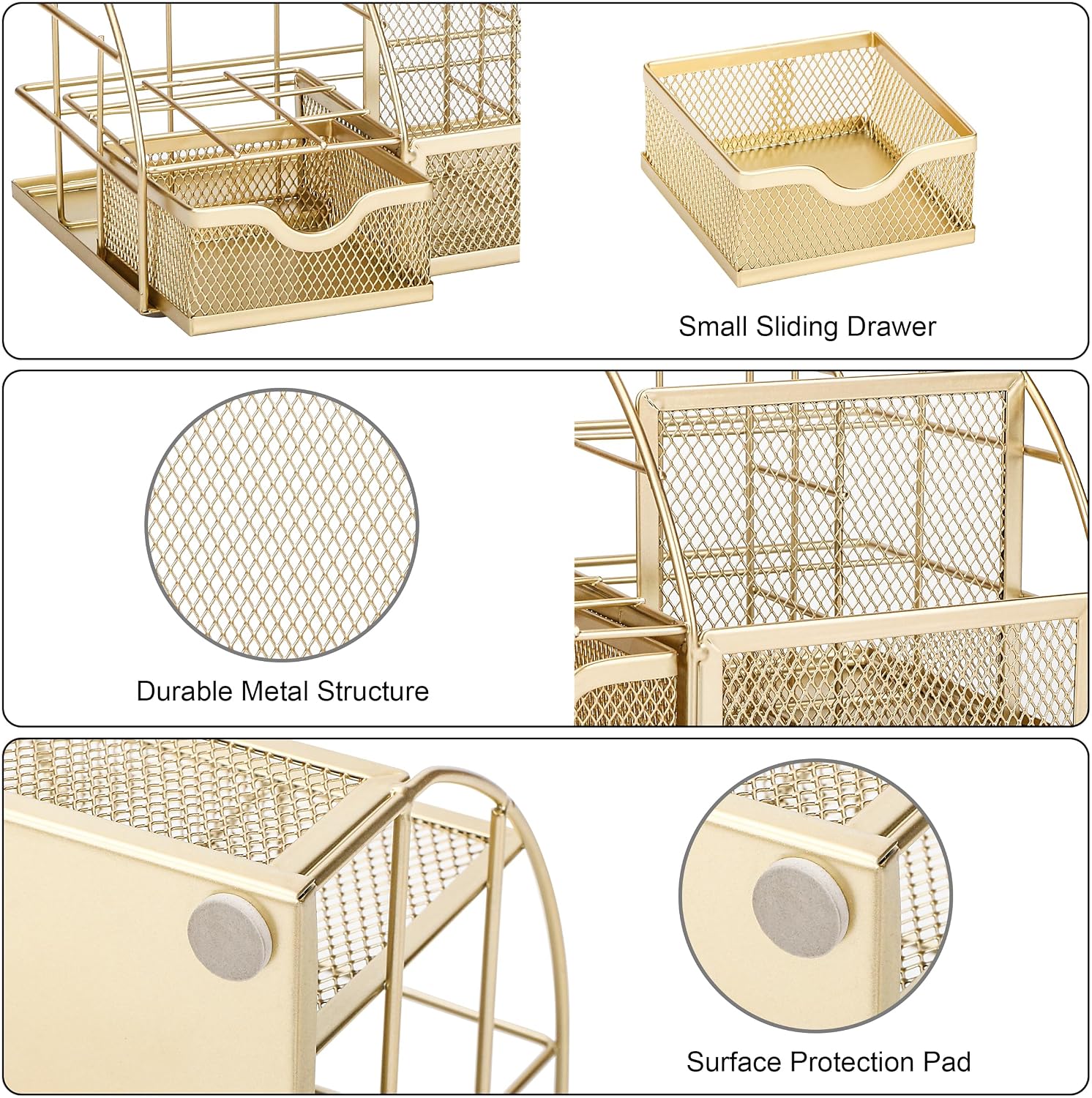 Desk Organizer Metal Mesh 7 Compartments Office Tidy Caddy Gold | Compact Gold Metal Mesh Design with Drawer and Multi Size Sections for Pens Notes Papers and Home Office Items - view 4