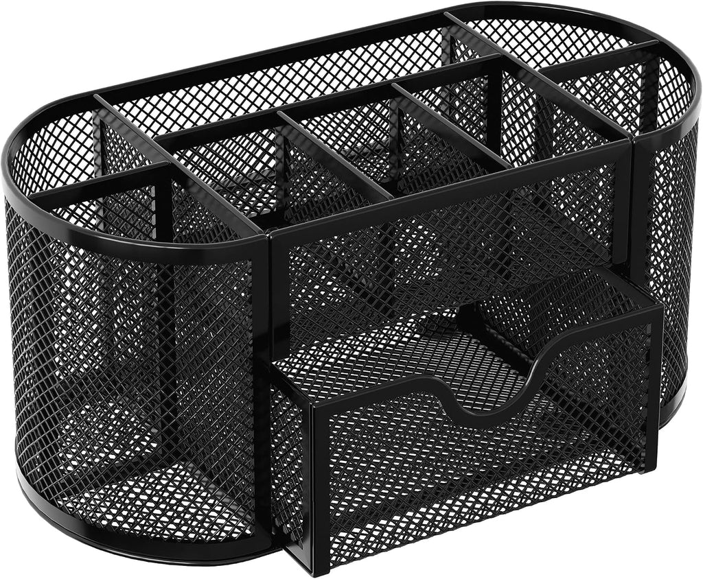 Mesh Pen Holder Desk Organizer with Drawer Stationery Supplies Organizer for Dorm School 9 Compartments Workspace Desk Accessories Organization for Office, Black - view 2