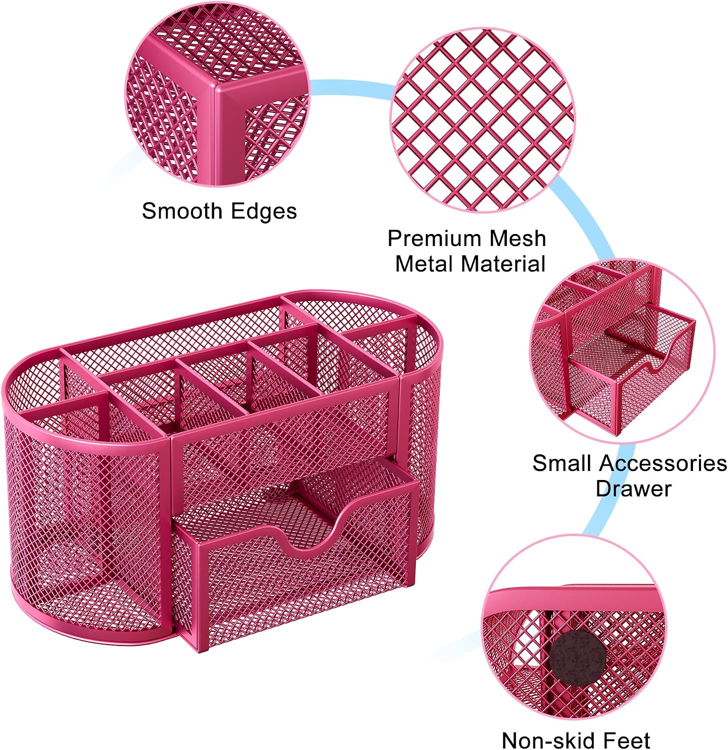 Mesh Pen Holder Desk Organizer with Drawer Stationery Supplies Organizer for Dorm School 9 Compartments Workspace Desk Accessories Organization for Office, Hot Pink - view 4