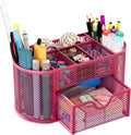 Mesh Pen Holder Desk Organizer with Drawer Stationery Supplies Organizer for Dorm School 9 Compartments Workspace Desk Accessories Organization for Office, Hot Pink