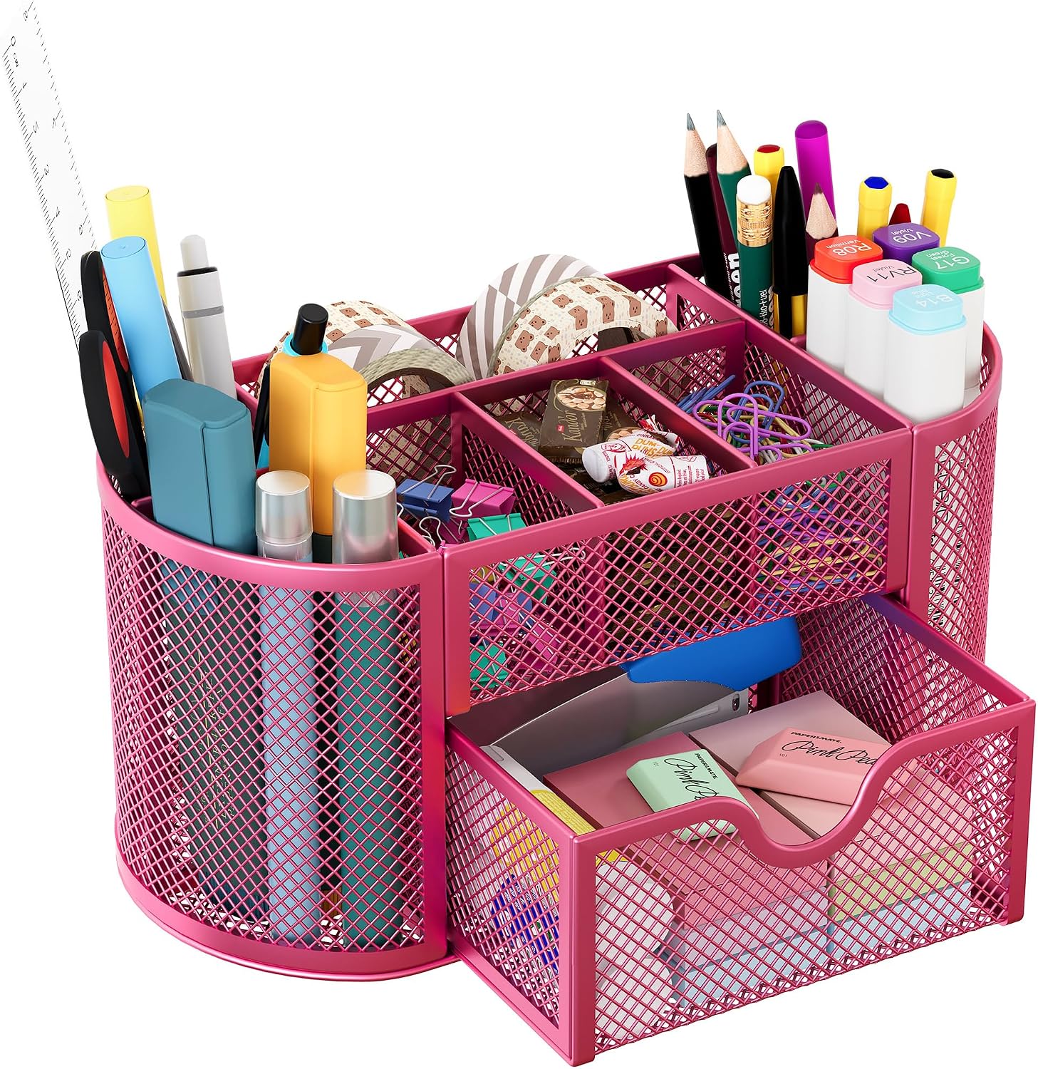 Mesh Pen Holder Desk Organizer with Drawer Stationery Supplies Organizer for Dorm School 9 Compartments Workspace Desk Accessories Organization for Office, Hot Pink