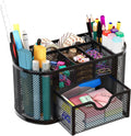 Mesh Pen Holder Desk Organizer with Drawer Stationery Supplies Organizer for Dorm School 9 Compartments Workspace Desk Accessories Organization for Office, Black