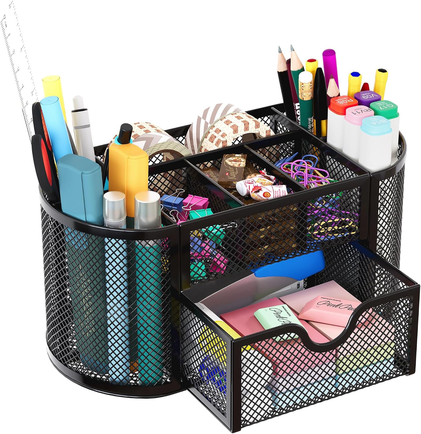 Mesh Pen Holder Desk Organizer with Drawer Stationery Supplies Organizer for Dorm School 9 Compartments Workspace Desk Accessories Organization for Office, Black