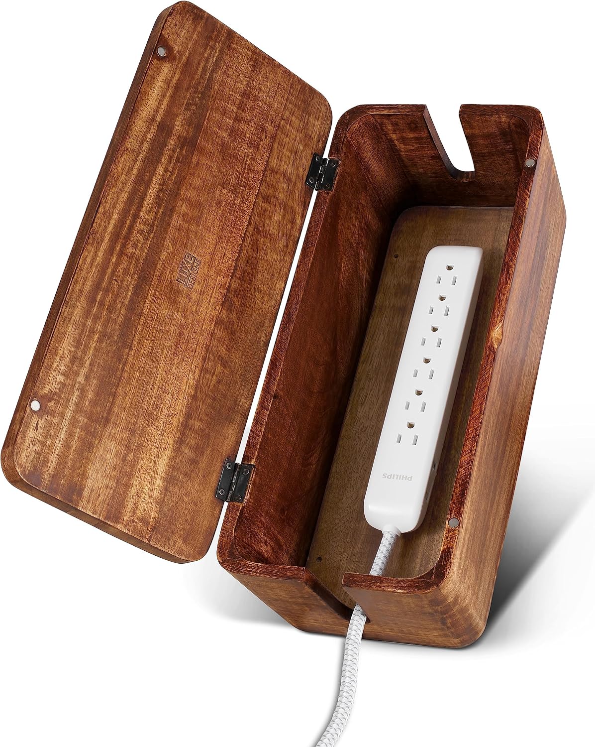 Cable management box - rustic design (natural, large) | mango wood, cable organizer, rustic style, modern design, desktop storage