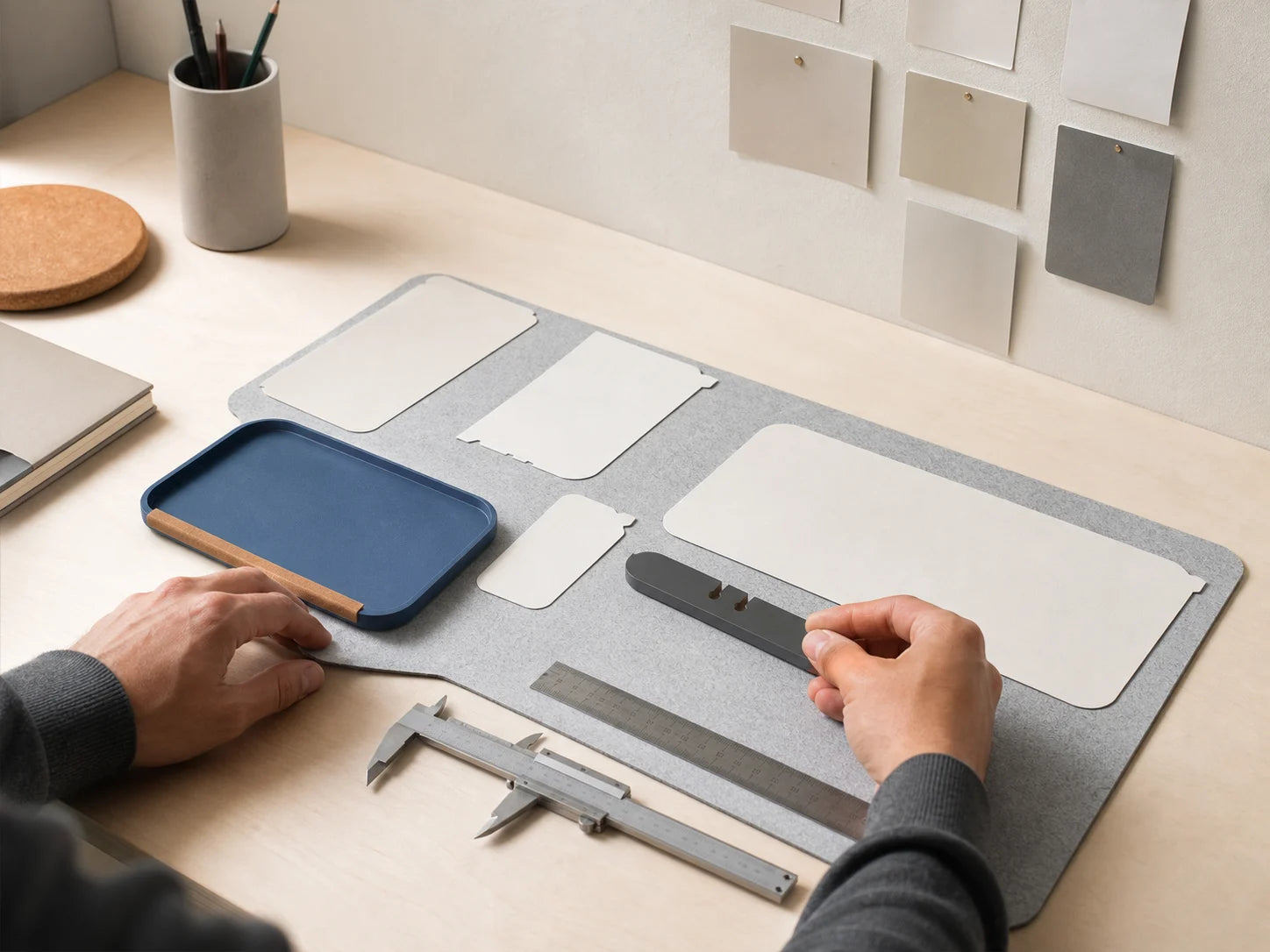 Top-down layout study with Fieldlay trays, clips, a felt mat, and measured paper templates on a warm neutral work surface